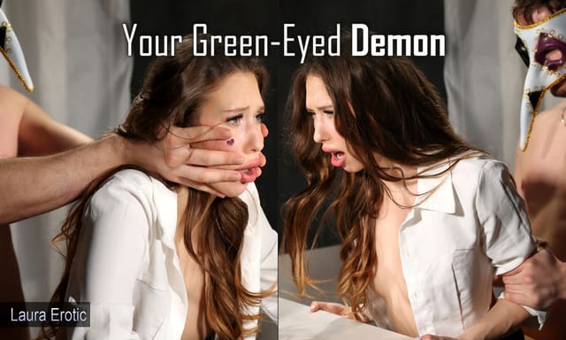 Laura Erotic as green-eyed demon in 4K 180-degree VR scene with 60 frames per second rendering without point of view format