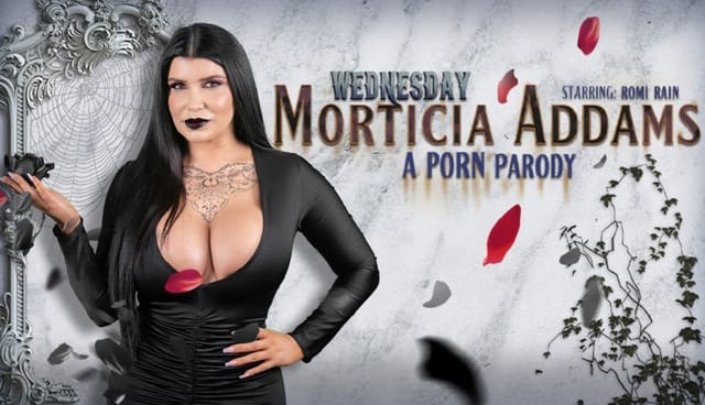 Romi Rain as Morticia Addams in a close up POV VR porn parody with premium 60fps titty fuck cosplay scenes.