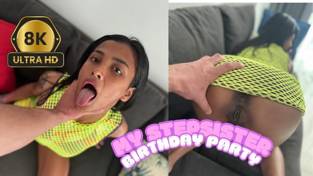 Fon Harper receives a blowjob and anal sex during a step family fantasy birthday party in this 4K VR POV scene.