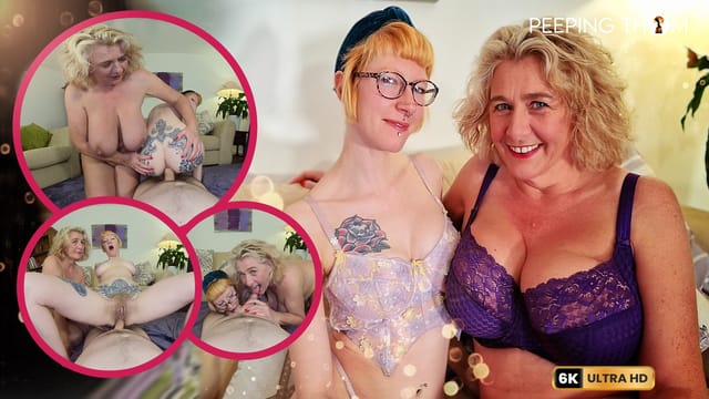 Camilla Creampie and Rosa Rosebud perform group anal sex and oral acts in a mature VR POV scene by Peeping Thom.