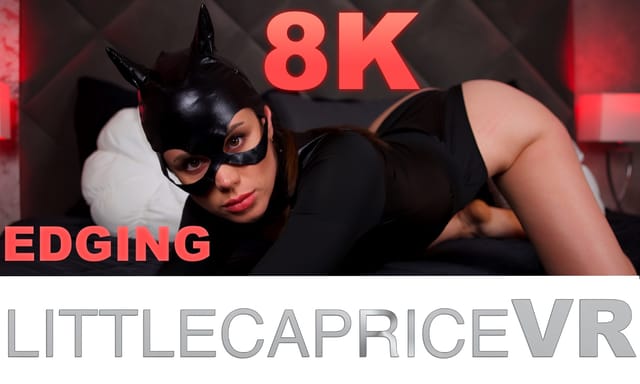 Brunette model Little Caprice performs a POV blowjob in a house setting, featuring 4K resolution and 60 FPS VR passthrough.