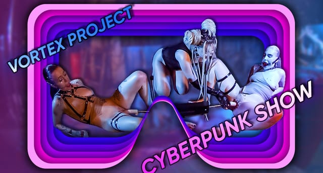 Brunette model Vortex Project kisses and uses a double machine in a cyberpunk VR 4K scene.