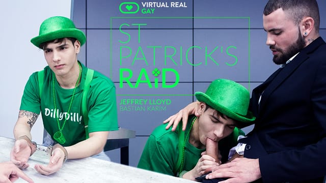 Jeffrey Lloyd and Bastian Karim perform anal and oral sex in a St Patrick's themed setting in this 4K VR video by VirtualRealGay