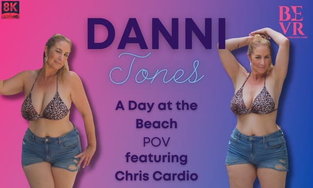 Danni Jones performs a blowjob in a POV beach setting with 60 FPS VR realism and mature interracial content.