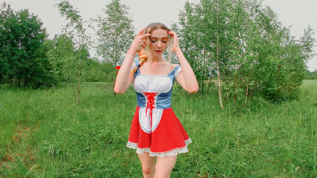 Samantha Rouge performs a solo outdoor scene in a field captured in 4K VR from a first person perspective