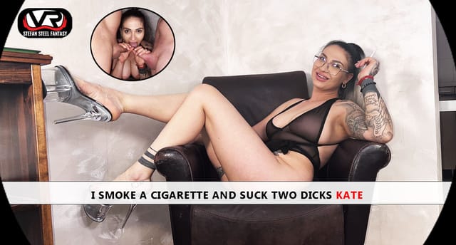 Tattooed Kate smokes while receiving oral sex from two partners in a 4K non POV VR scene.