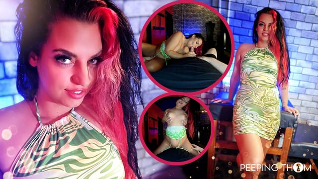 Cheri Pi performs a POV blowjob in a red room, captured in 4K and 60 FPS VR for Peeping Thom