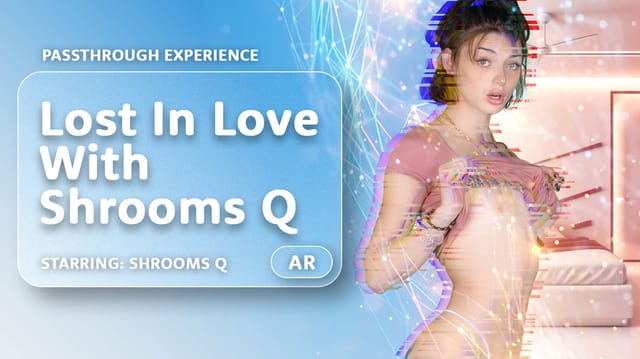 Shrooms Q performs a POV blowjob in a VR passthrough scene captured with fisheye lens at 60 FPS for immersive viewing.