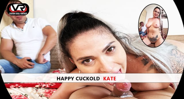 Tattooed Kate performs a POV blowjob in 4K VR as a cuckold watches in Stefan Steel Fantasy.