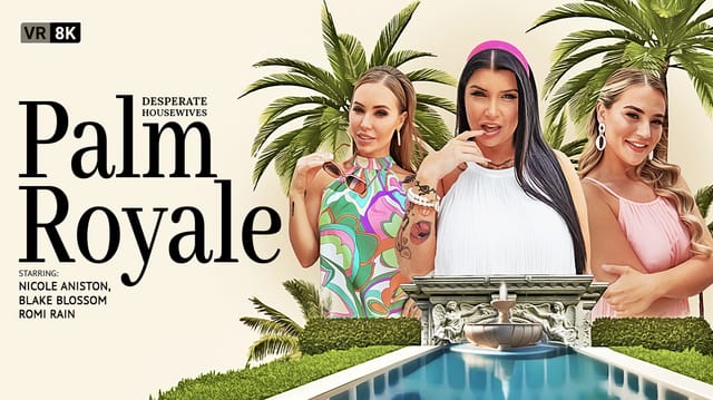 Nicole Aniston, Romi Rain and Blake Blossom perform group oral sex in a palm tree setting with VR POV and 60 FPS.