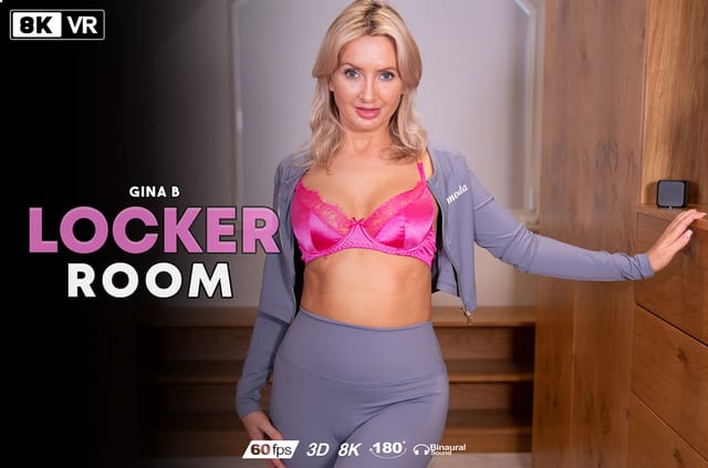 Gina B performs a solo VR scene in a locker room setting filmed in 4K resolution with point of view perspective