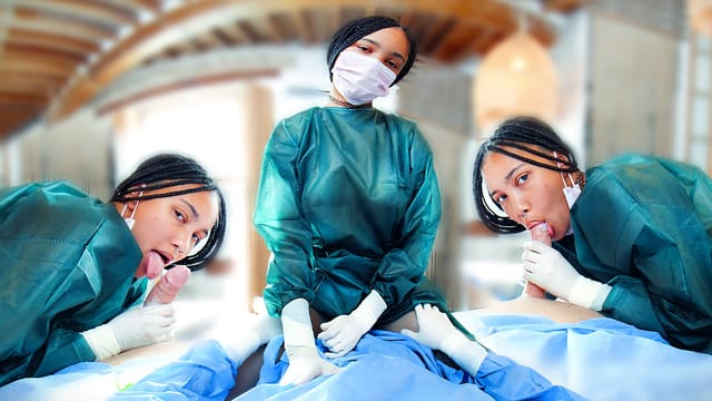 Lisa Cruz performs oral sex on a doctor in a surgical setting, featuring footjob and fetish content in this 60 FPS VR video.
