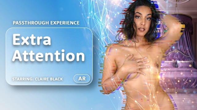 Claire Black performs a POV blowjob in a passthrough VR scene featuring fisheye lens and 60 FPS footage for immersive viewing.