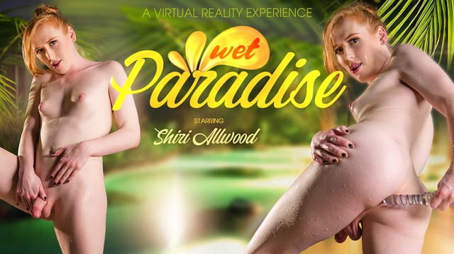 Shiri Allwood poses in lingerie for a solo anal scene in VRB Trans Wet Paradise, presented in 4K and 6K resolution.