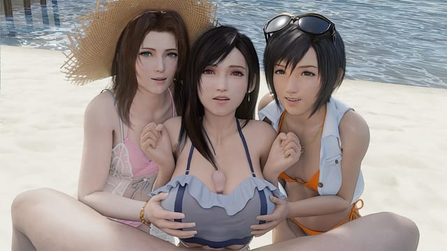 Brunette models Yuffie, Aerith, and Tifa perform titty fuck in a Final Fantasy parody VR POV video with 4K resolution and 60 FPS.