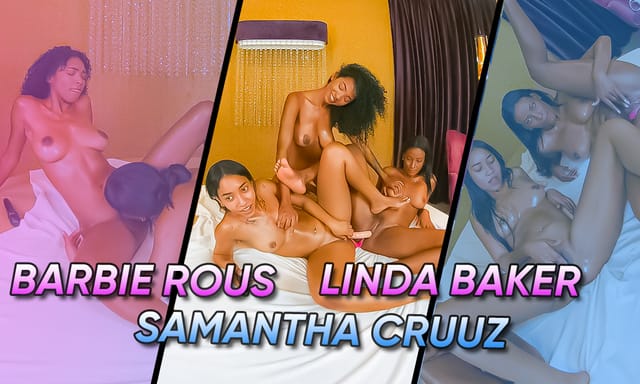 Samantha Cruuz, Barbie Rous, and Linda Baker kiss and perform oral sex on a bed in this 4K Dreamcam VR video.