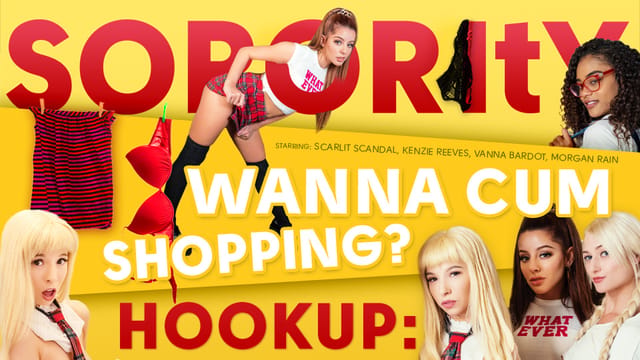 Morgan Rain, Kenzie Reeves, and Scarlit Scandal engage in group sex during a shopping theme VR Bangers 4K premium video