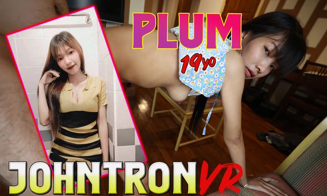 Brunette model PLUM performs a POV blowjob in a Thai student setting, featuring 4K 60 FPS VR passthrough footage.