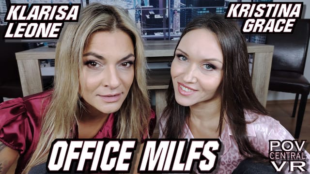 Klarisa Leone and Kristina Grace perform oral sex in an office setting, captured in 4K VR POV with 60 FPS.