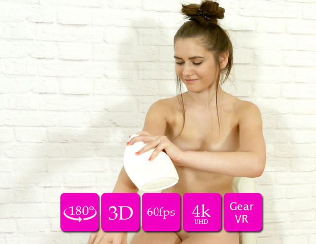 Brunette model Sanija poses nude in a solo virtual reality interview filmed in 4K 60fps with a first-person perspective.