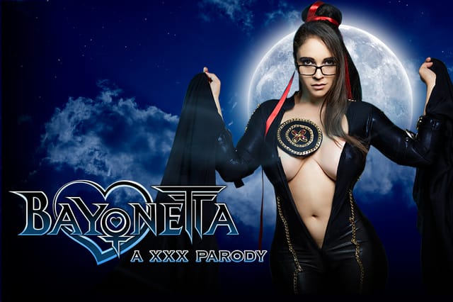 Marta La Croft poses as Bayonetta in a 4K VR POV scene featuring hardcore cosplay and European model details.
