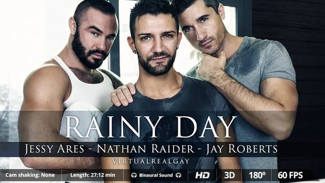 Nathan Raider receives anal and oral from Jay Roberts and Jessy Ares in a rainy setting during this 60 FPS gay VR POV video.