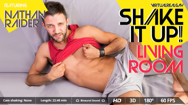Nathan Raider performs a solo handjob in a living room during this 4K VR video with 60 FPS.