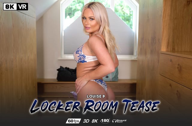 Louise P poses in lingerie in a locker room for a solo VR POV video with 4K resolution and 60 FPS.