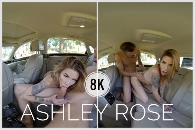 Ashley Rose performs a blowjob in a car from a POV angle in 4K resolution