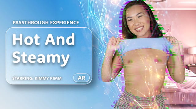 Kimmy Kimm performs a POV blowjob in a VR passthrough scene captured in 60 FPS fisheye view.
