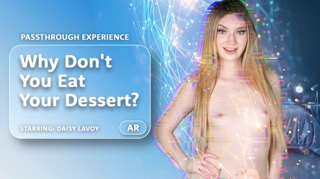 Daisy LaVoy enjoys a passthrough POV blowjob in a fisheye VR scene featuring high frame rate visuals.