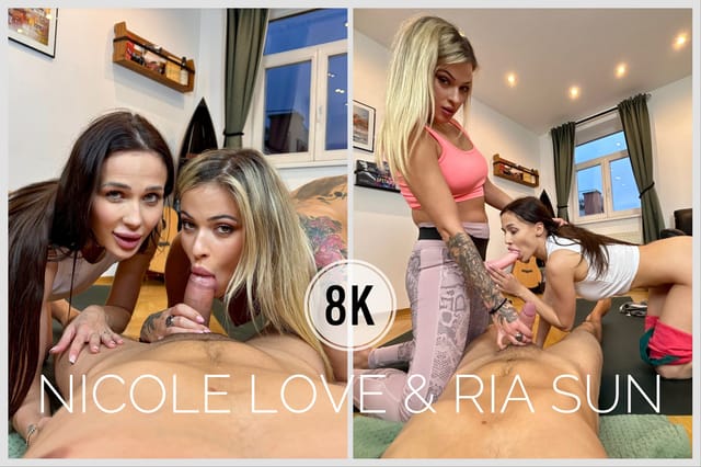 Nicole Love and Ria Sunn perform group sex and blowjobs in a workout setting captured in 4K VR POV.