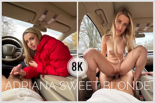 Adriana Sweet Blonde performs a POV blowjob outdoors in a car, captured in 4K VR from PS-Porn.