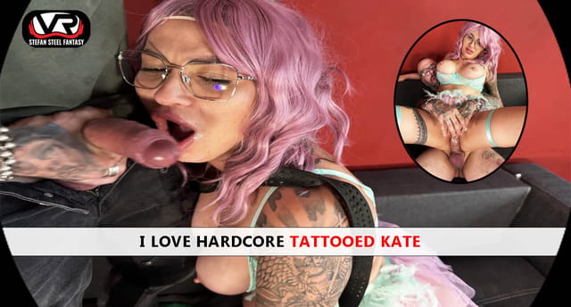 Tattooed Kate performs a non POV blowjob for Stefan Steel Fantasy in 4K VR with 60 FPS and cum on face.
