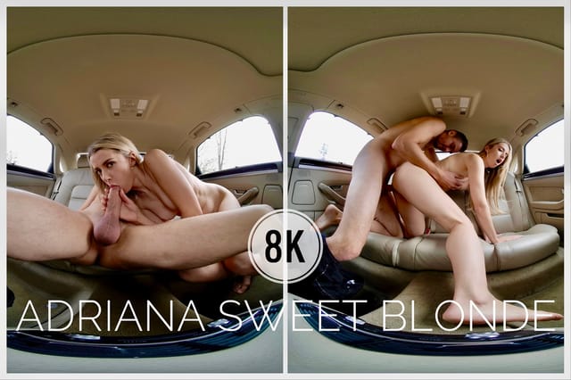 Adriana Sweet Blonde performs a POV blowjob in a car outdoors in 4K VR