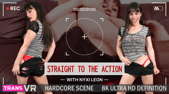 Brunette Nyxi Leon performs anal sex and a blowjob in 4K VR for TransVR