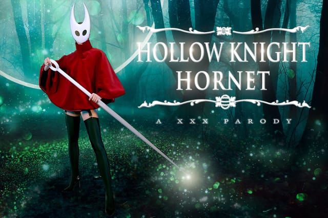 Stacy Cruz as Hornet performs a POV blowjob in Hollow Knight cosplay, presented in 60 FPS VR video game parody production.