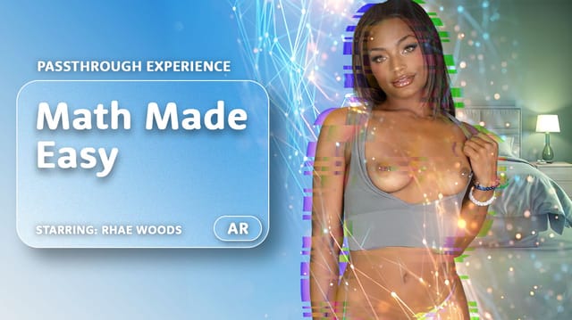 Rhae Woods performs a POV blowjob in a passthrough VR scene filmed in 8K resolution with fisheye lens effects.