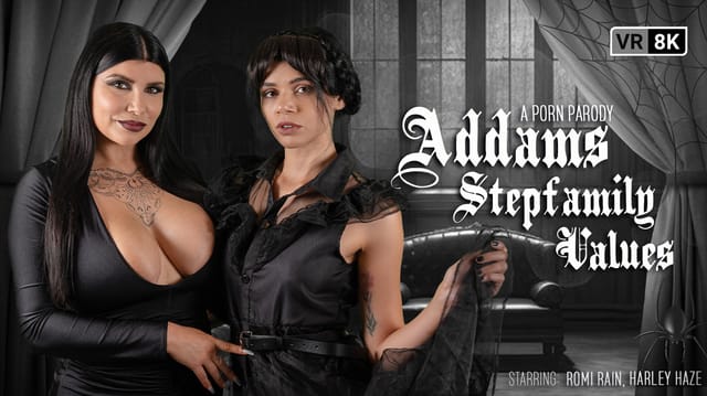 Harley Haze and Romi Rain engage in group sex in a step family fantasy setting with POV camera work and 60 FPS VR quality.
