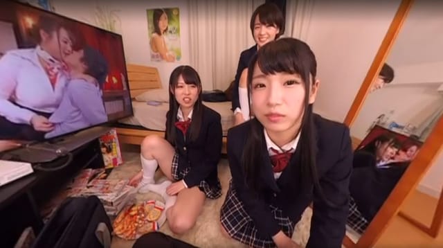 POV VR scene of three college girls in uniforms during a 180 degree premium adult video production by SOD Create.