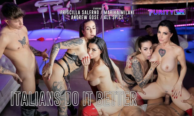 Marika Milani and Priscilla Salerno perform group sex and oral acts in this POV VR video filmed in a European setting