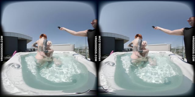Lily Angelic Sunbathing Nude With Her Friend Cheri And Touching Bodies And Enjoying Rooftop Jacuzzi VRgoddess — photo 10