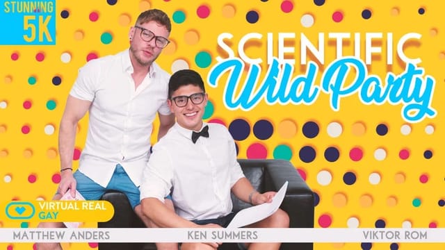 Viktor Rom, Matthew Anders, and Ken Summers enjoy anal and oral sex in a scientific wild party scene filmed in 60 FPS VR POV.