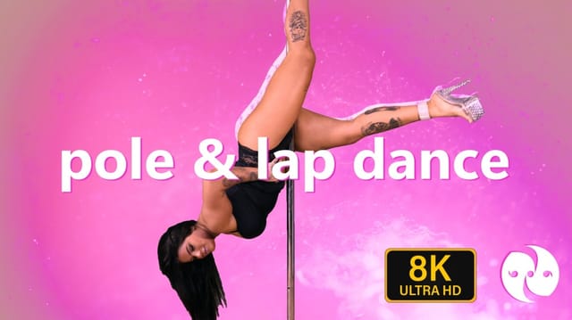 Brunette Bella Nova performs a pole dance in a VR POV scene with 4K resolution and 60 frames per second