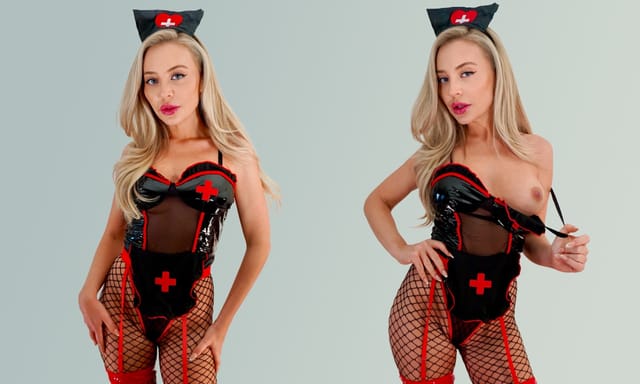 Karis London performs a solo POV scene in a nurse cosplay costume for this 4K VR video by Bliss VR.