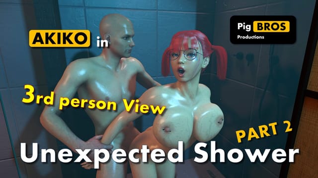 Akiko stands in a bathroom for a third person VR stepdad scene with a ponytail and busty teen model in 8K resolution