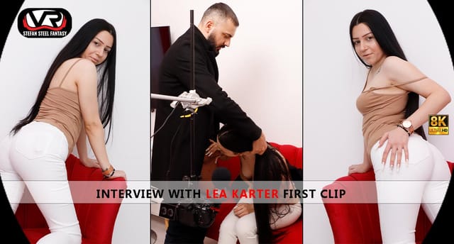 Brunette Lea Karter gives a blowjob in an interview setting with Stefan Steel Fantasy in 4K 60 FPS VR non POV video