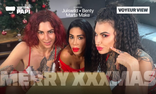 Marta Make, Benty, and Juiswild engage in group Christmas sex and oral acts in a non-POV VR production captured at 60 FPS.