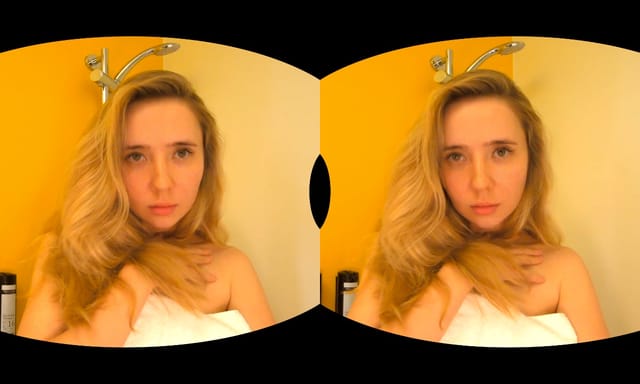 Amelie showers solo in a bathroom while Amelie Freckled Girl performs in a 4K 50 FPS 6K VR video by Bliss VR.