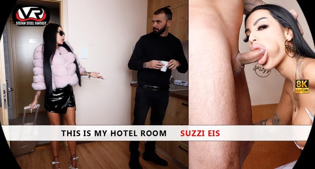 Suzzi Eis performs a POV blowjob in a hotel room, showcasing brunette visuals in 4K 60 FPS VR content.